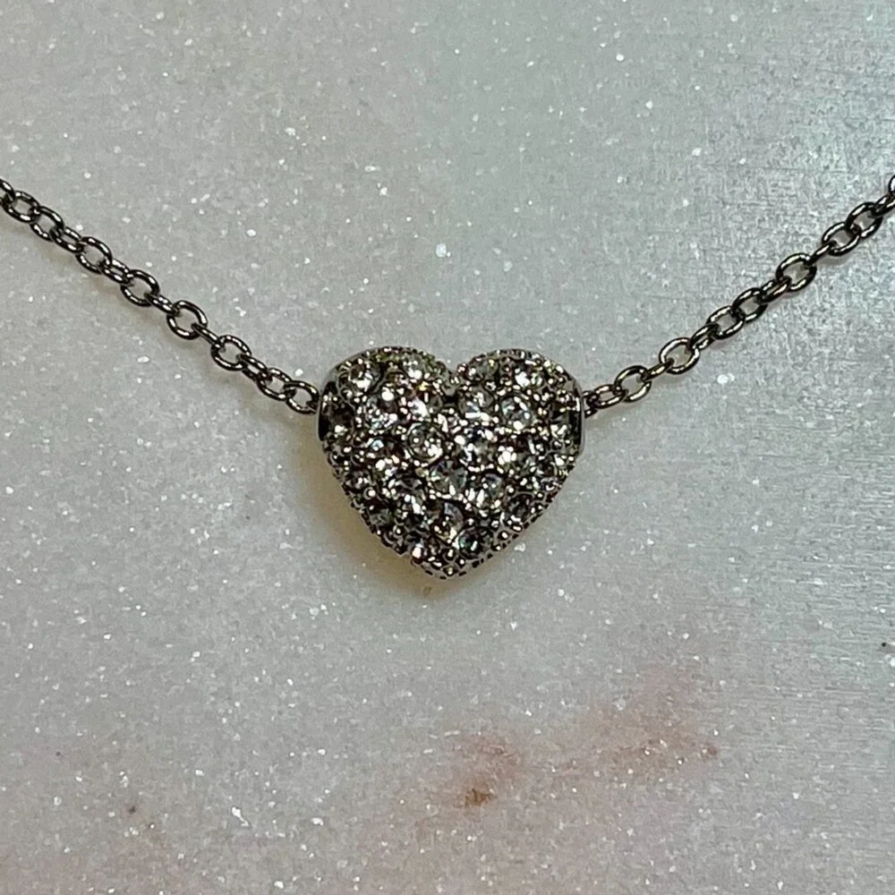 Y2K Vintage Silver Tone Pave Crystal Heart Necklace | 16